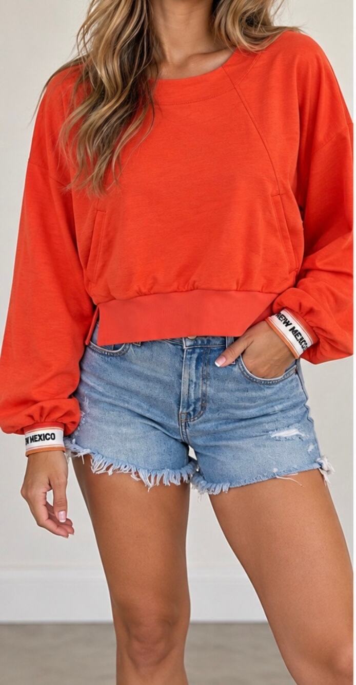 Orange Cropped Oversized Sweatshirt Balloon Sleeve Casual Top small